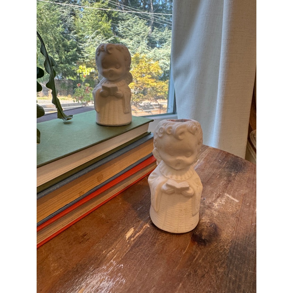 Vintage Pair White Bisque Angel Choir Boy Figurines Taper Candle Holders 4in